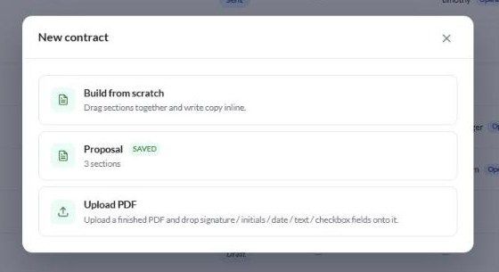 The New contract dialog: Build from scratch, a saved template, and Upload PDF