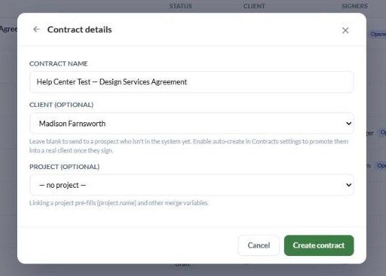 Contract details with name, optional client and optional project