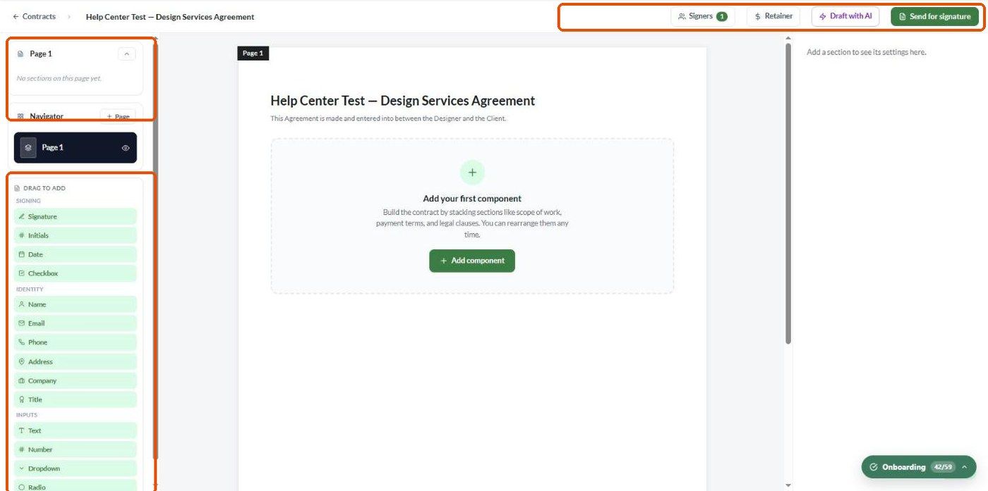 A new, empty contract in the editor with the page rail, Navigator, field palette and header buttons highlighted