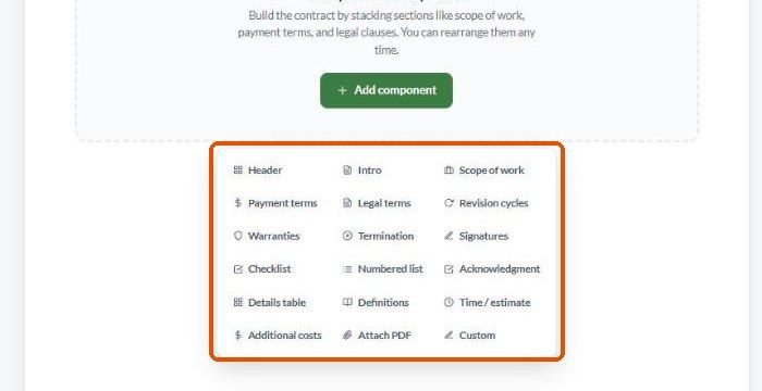 The Add component menu with 18 section types