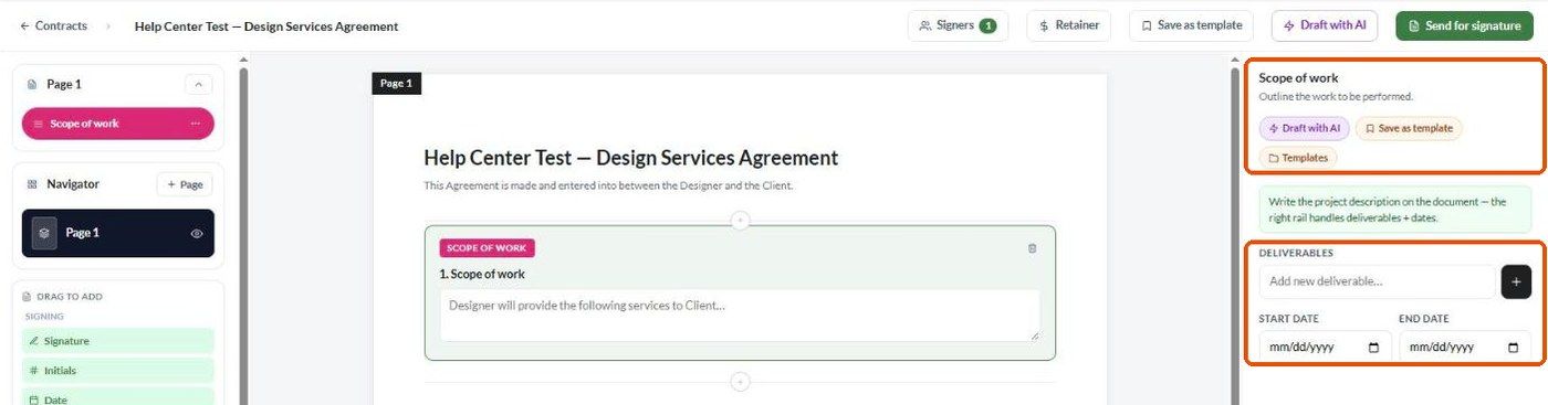 A Scope of work section with its right-rail settings: Draft with AI, Save as template, Templates, Deliverables and dates