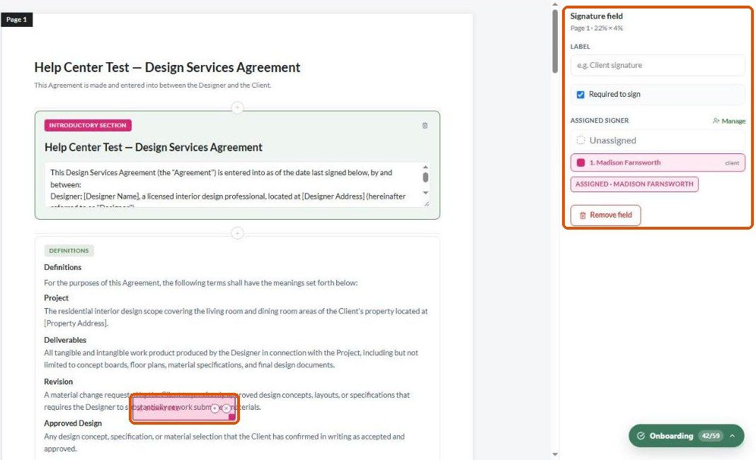 A signature field placed on the page and its settings: label, required, assigned signer and Remove field