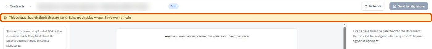 The view-only banner on a sent contract