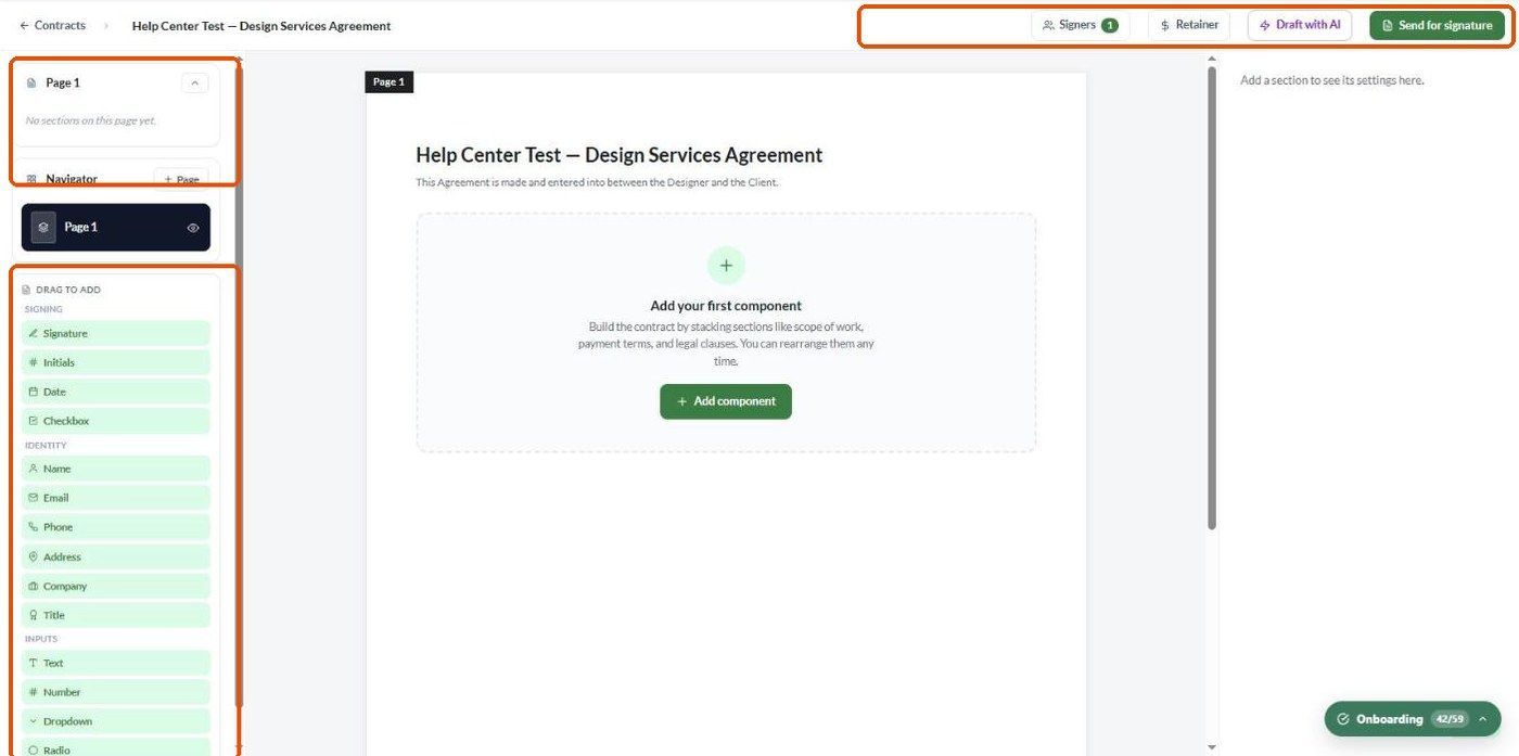 The contract editor: page sections and Navigator on the left, canvas in the middle, header actions top right