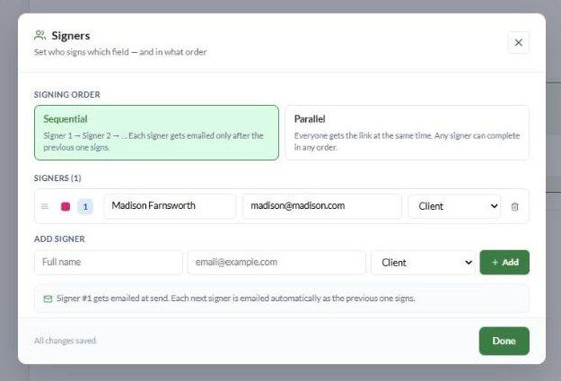 The Signers dialog with Sequential and Parallel signing order, a client signer and the Add signer row