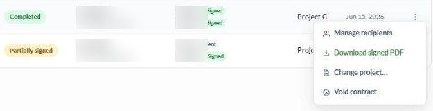 The row menu on a completed contract: Manage recipients, Download signed PDF, Change project and Void contract