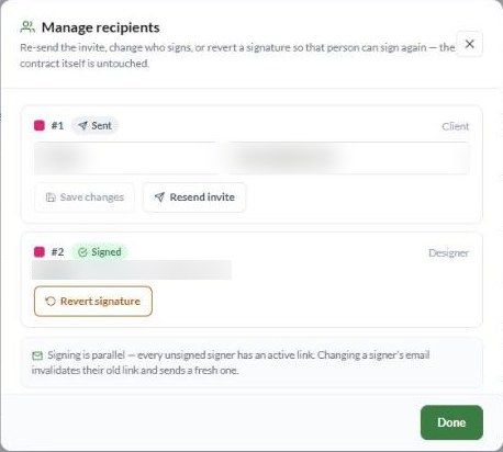 Manage recipients on a partially signed contract: edit the unsigned signer, Resend invite, or Revert a signature