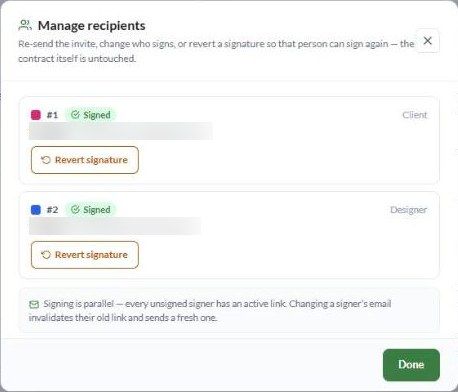 Manage recipients on a completed contract: both signers Signed, each with Revert signature