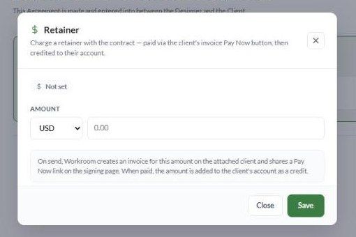 The Retainer dialog with currency, amount and an explanation of what happens on send