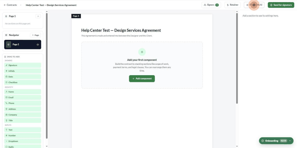 Drafting a whole contract with Walter: open Draft with AI, enter a prompt, wait while Walter drafts, preview, and Apply