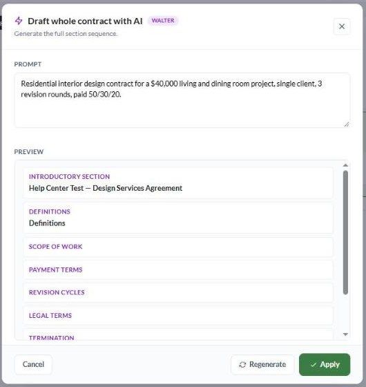 Walter's preview of the drafted sections with Regenerate and Apply