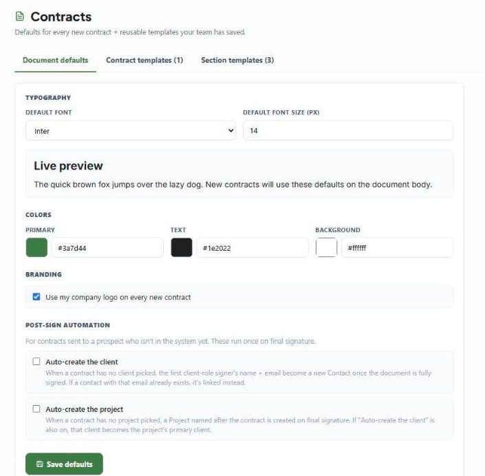 Settings, Studio, Contracts: typography, colours, branding and post-sign automation