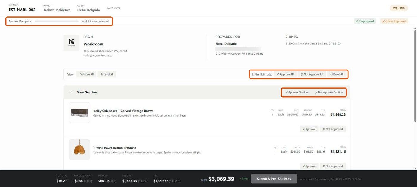 Estimate client view with review progress, approval buttons and the Submit & Pay bar
