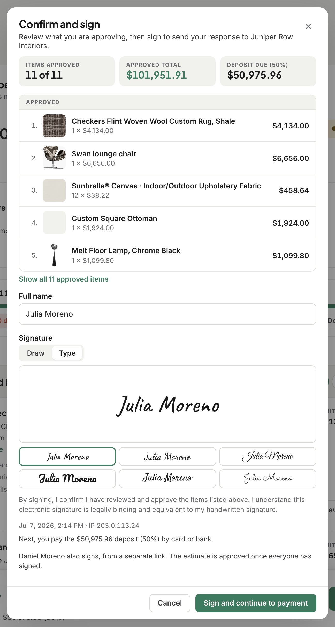 Confirm and sign with the deposit due, then Sign and continue to payment
