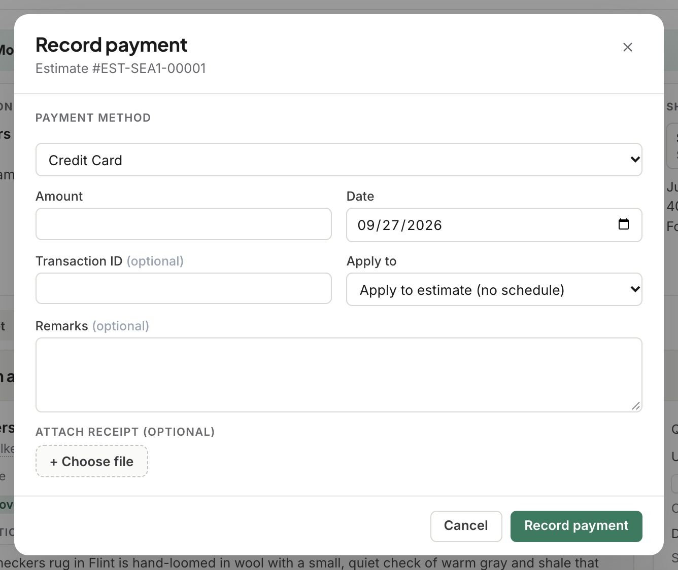 Record payment for a deposit on an estimate