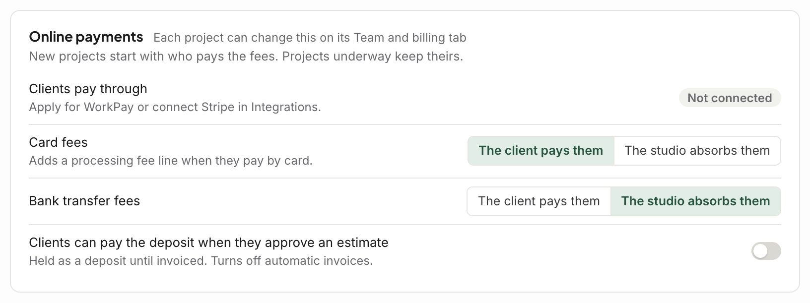 Online payments in Settings: who pays card and bank fees, and the deposit switch