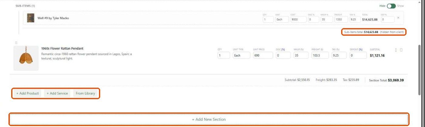 Section footer with totals, Add Product/Add Service/From Library buttons and Add New Section