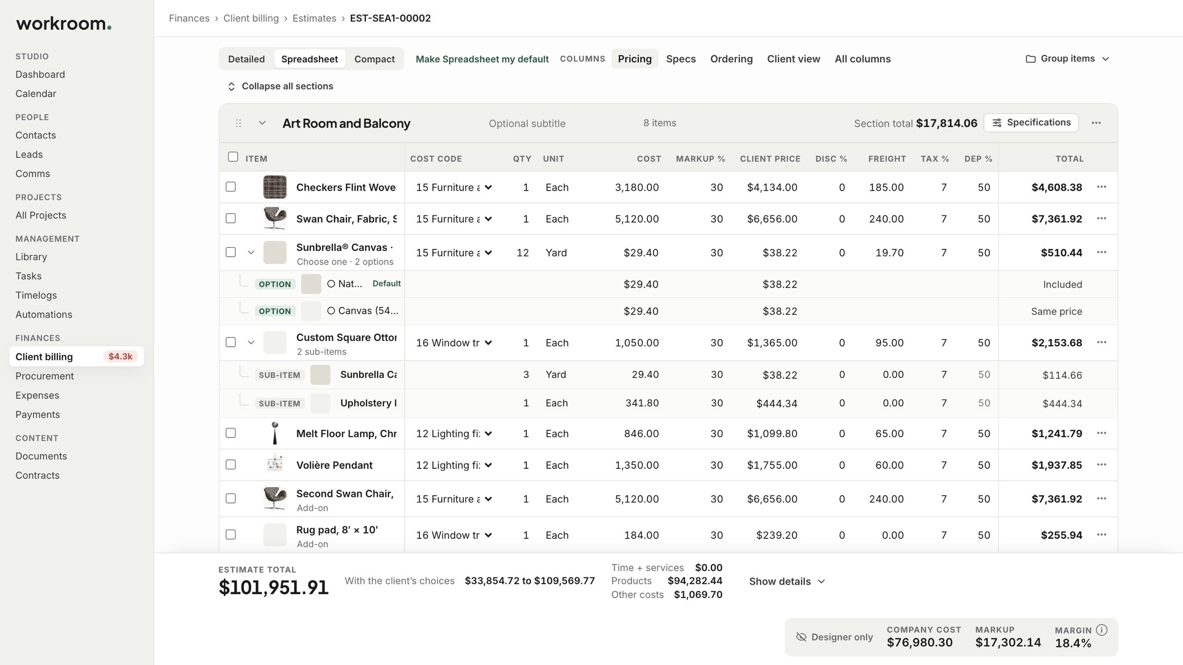 Spreadsheet view with the pricing columns