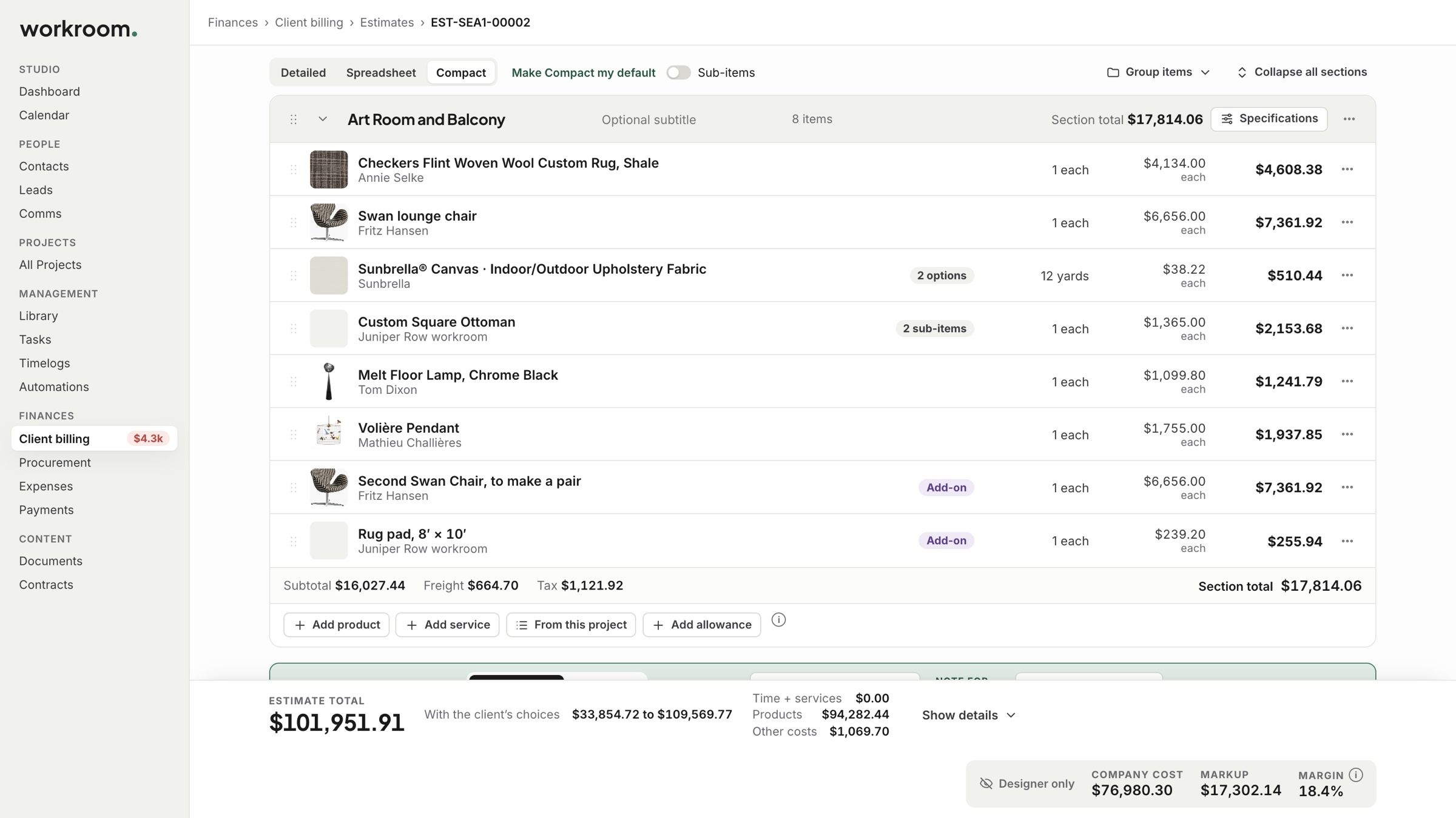 Compact view, one row per item