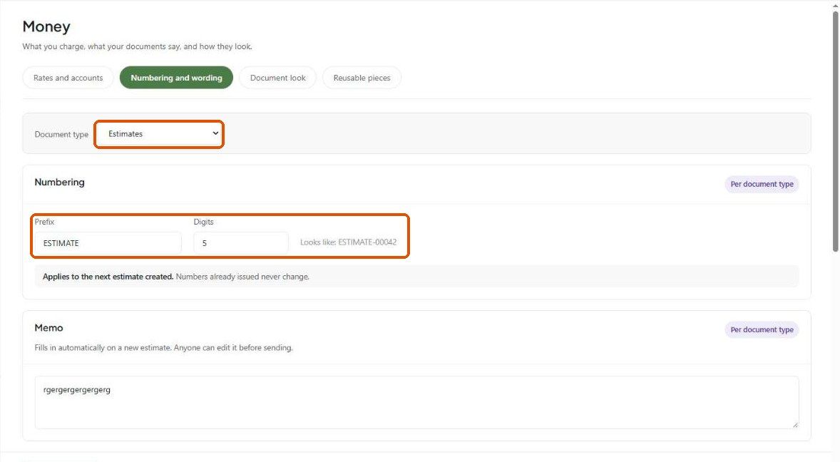 Numbering and wording tab with Document type, Prefix and Digits highlighted