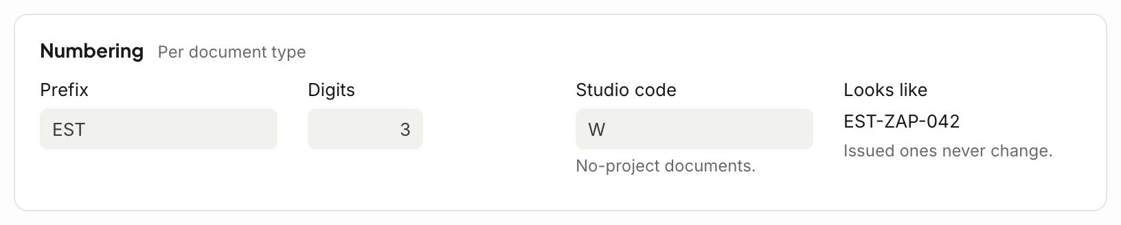 Numbering in Settings: the prefix, digits and studio code for estimates