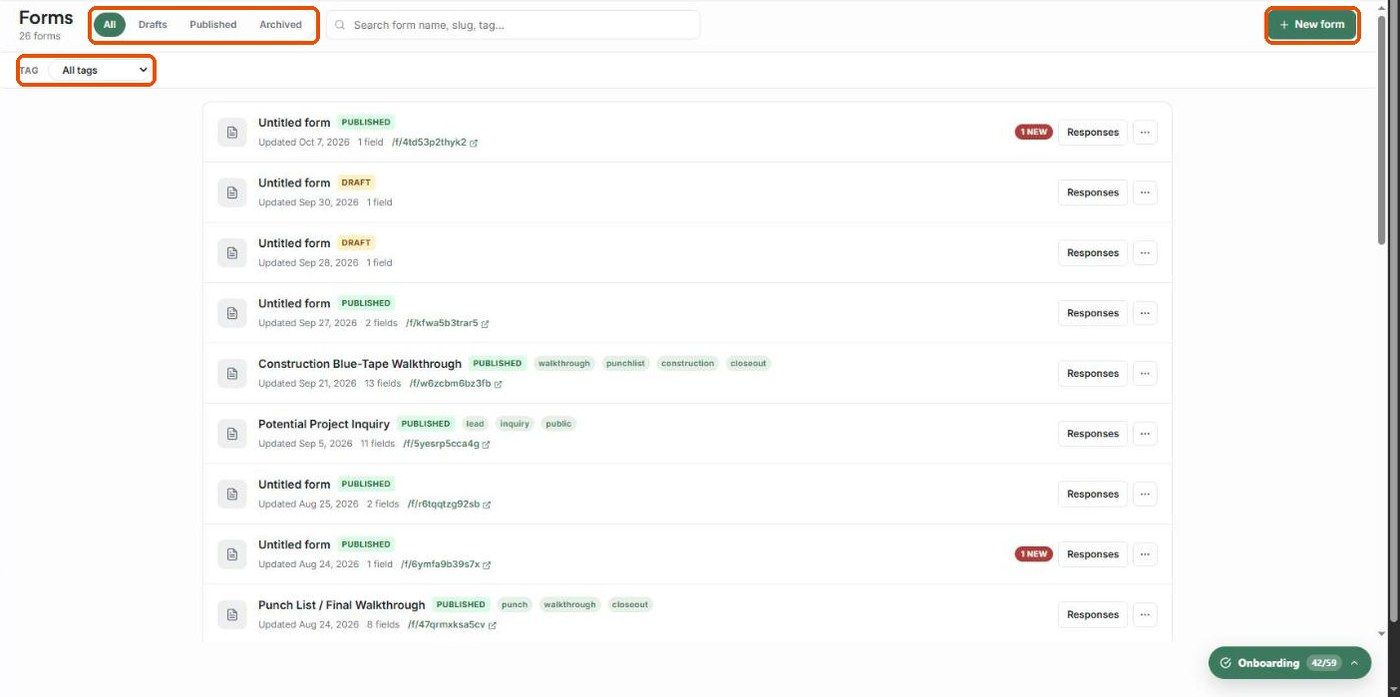 The Forms list with the status filters, tag filter and New form button highlighted
