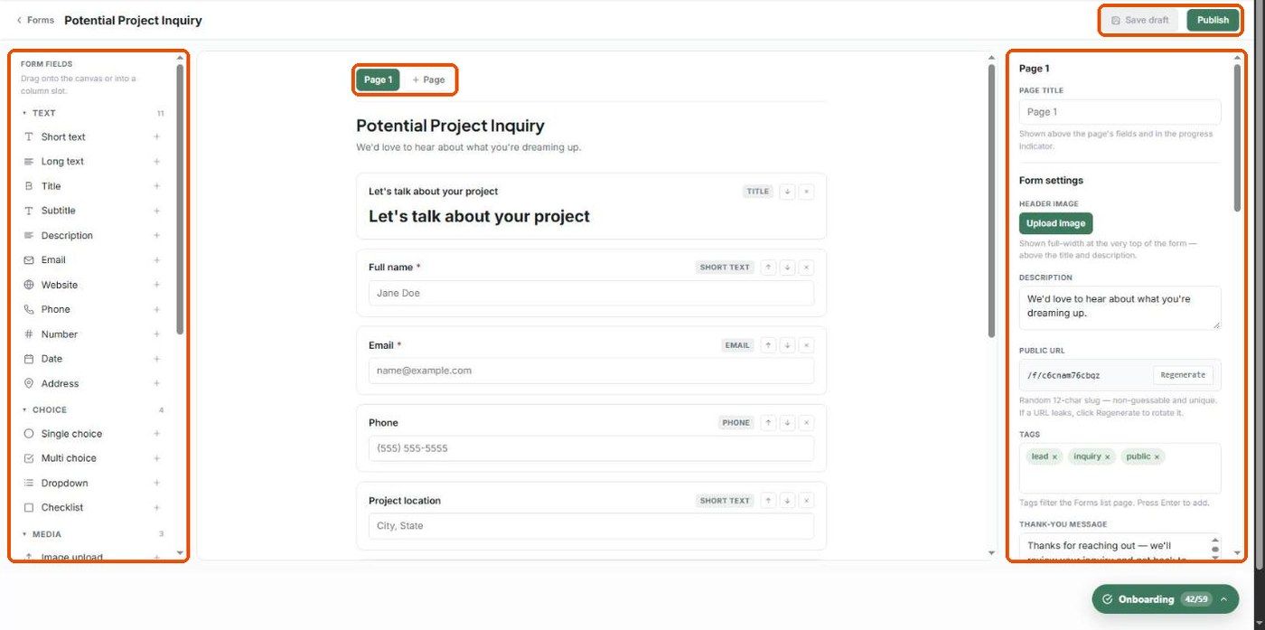 The form builder with the field palette, page tabs, settings panel and the Save draft and Publish buttons highlighted
