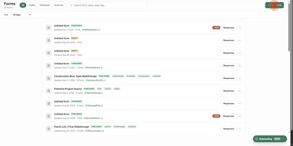 Clicking New form, choosing From template, previewing Potential Project Inquiry and opening it in the builder