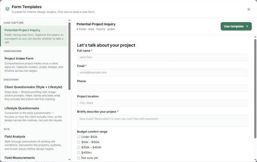The Form Templates library with the Potential Project Inquiry preview
