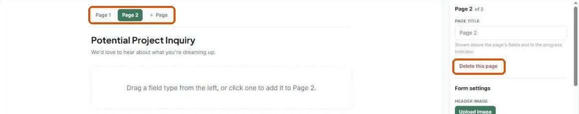 Page tabs above the canvas and the Delete this page button