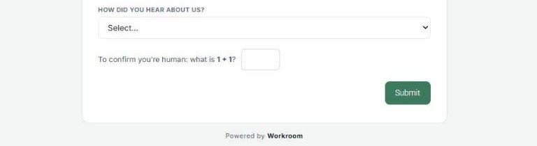 The bottom of a public form with the human check, Submit button and Powered by Workroom