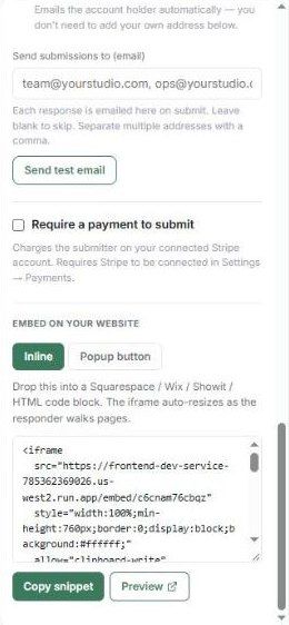 Embed on your website settings with Inline, Popup button, Copy snippet and Preview