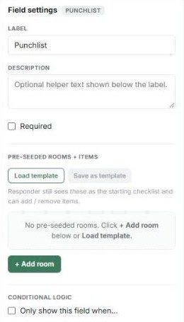 Punchlist field settings with Load template, Save as template and Add room