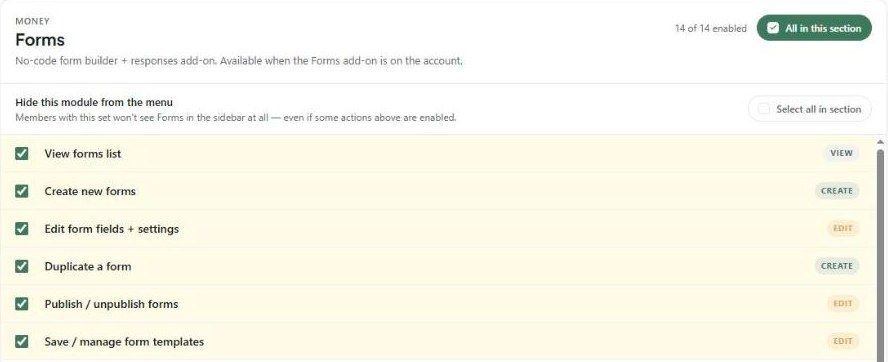The Forms section of a permission set