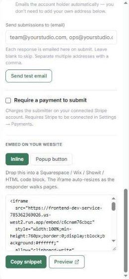 Form settings showing notification, payment and embed options