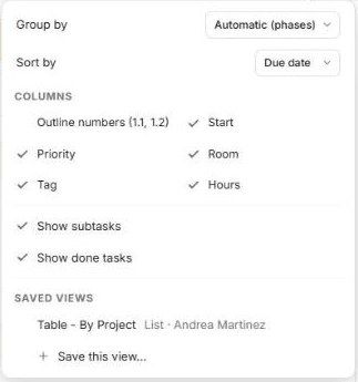 List view options: group, sort, columns, subtasks, done tasks and saved views