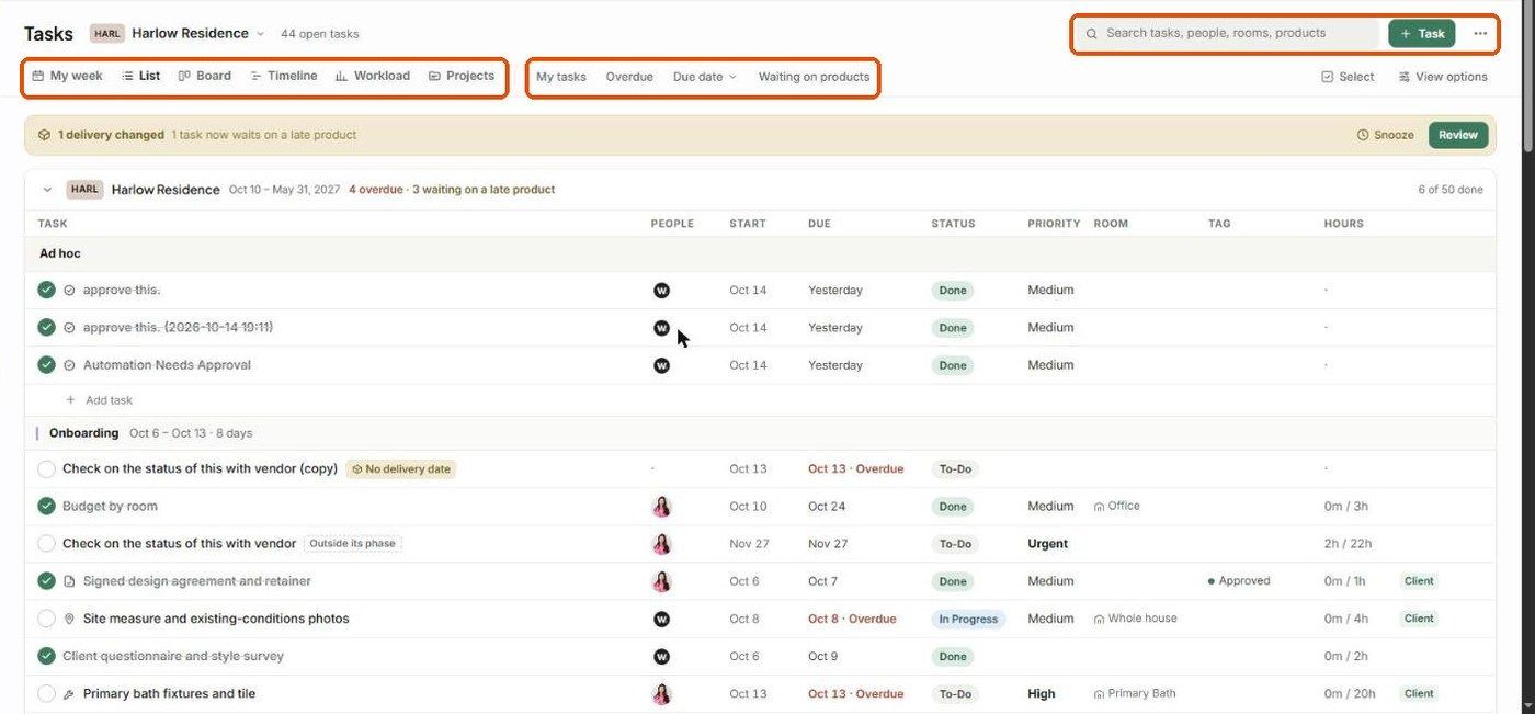 The List view grouped by phase with People, Start, Due, Status, Priority, Room, Tag and Hours columns