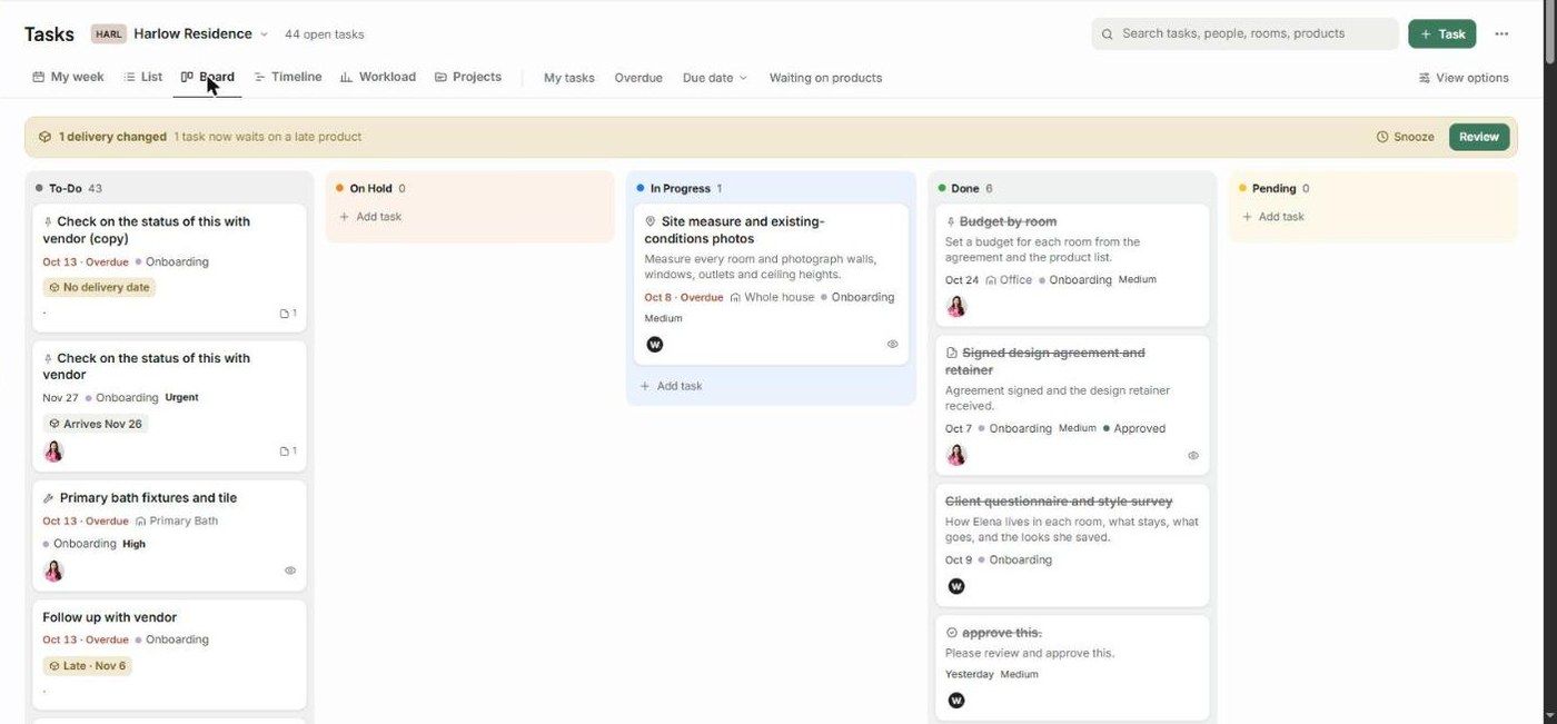The Board view with To-Do, On Hold, In Progress, Done and Pending columns