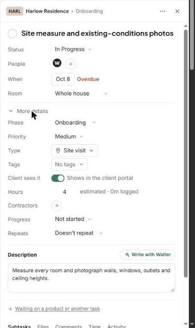 The task panel with status, people, dates, room and More details expanded