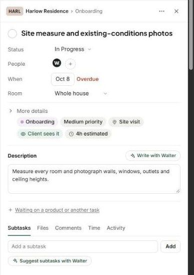 The collapsed detail chips, description, waiting-on link and subtask tabs