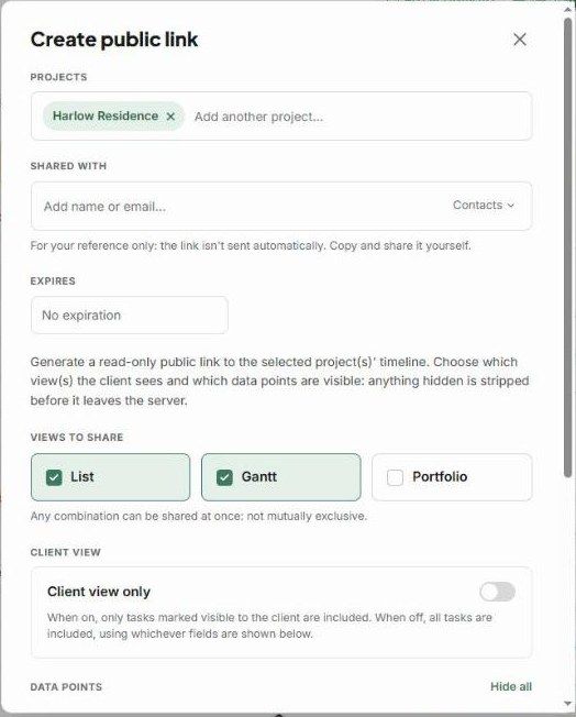 Create public link: projects, shared with, expiry, views to share and client view only