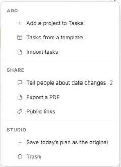 The Tasks menu: Add, Share and Studio actions