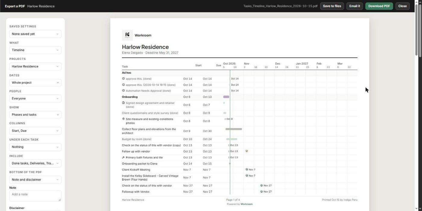 Export a PDF with its options and a live preview of the timeline