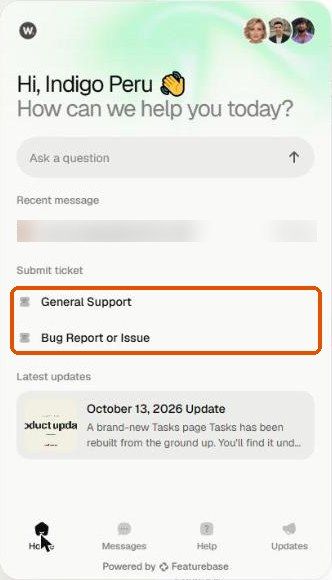 The Get Support panel with Ask a question and the two ticket types