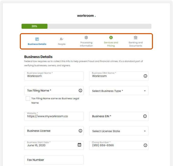 WorkPay application, Business Details step