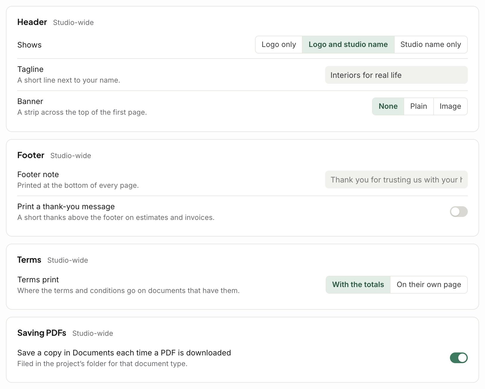 PDF settings: header, footer, terms and saving