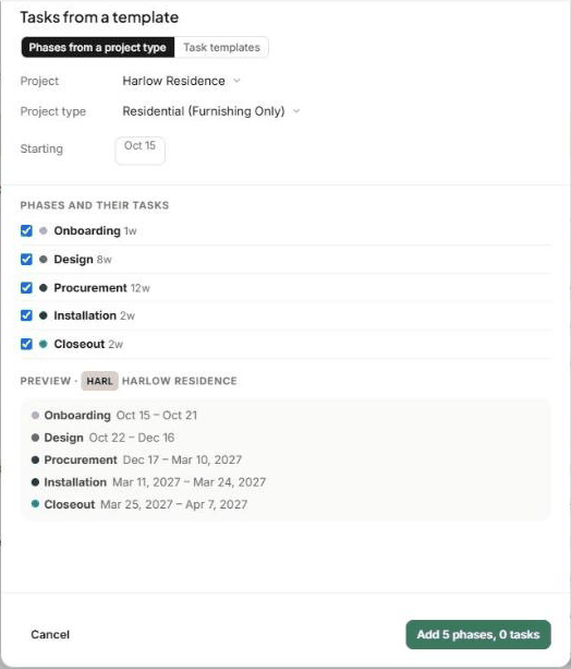 Tasks from a template: adding a project type's phases, then picking individual task templates