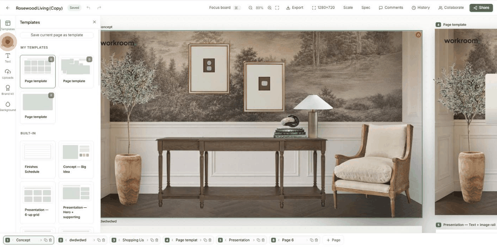 A tour of the Mood editor: Templates, Elements, the Spec panel, the Export menu and the Share dialog