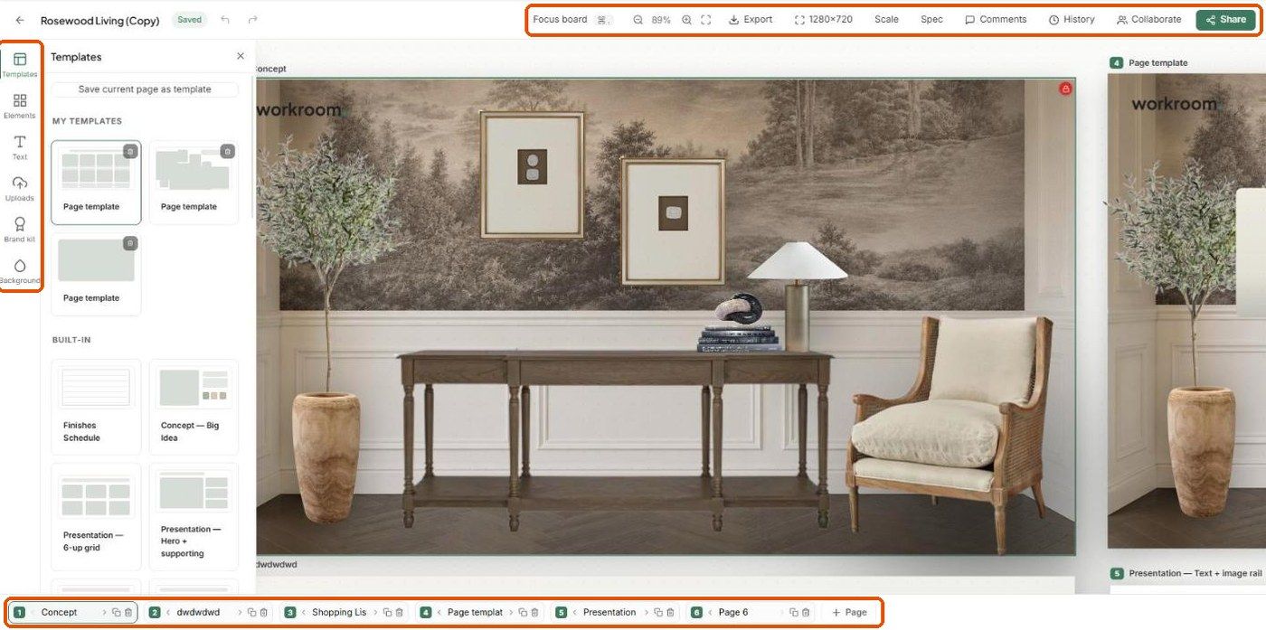 The Mood editor with the left tool rail, the top toolbar and the page rail highlighted