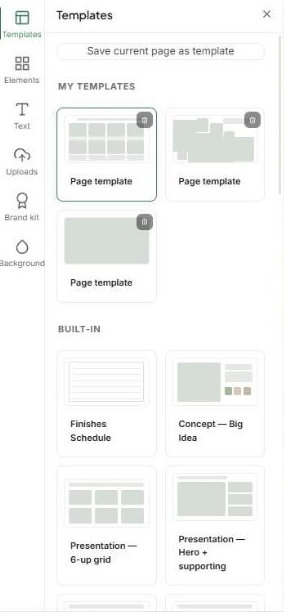 The Templates panel with My templates and Built-in layouts